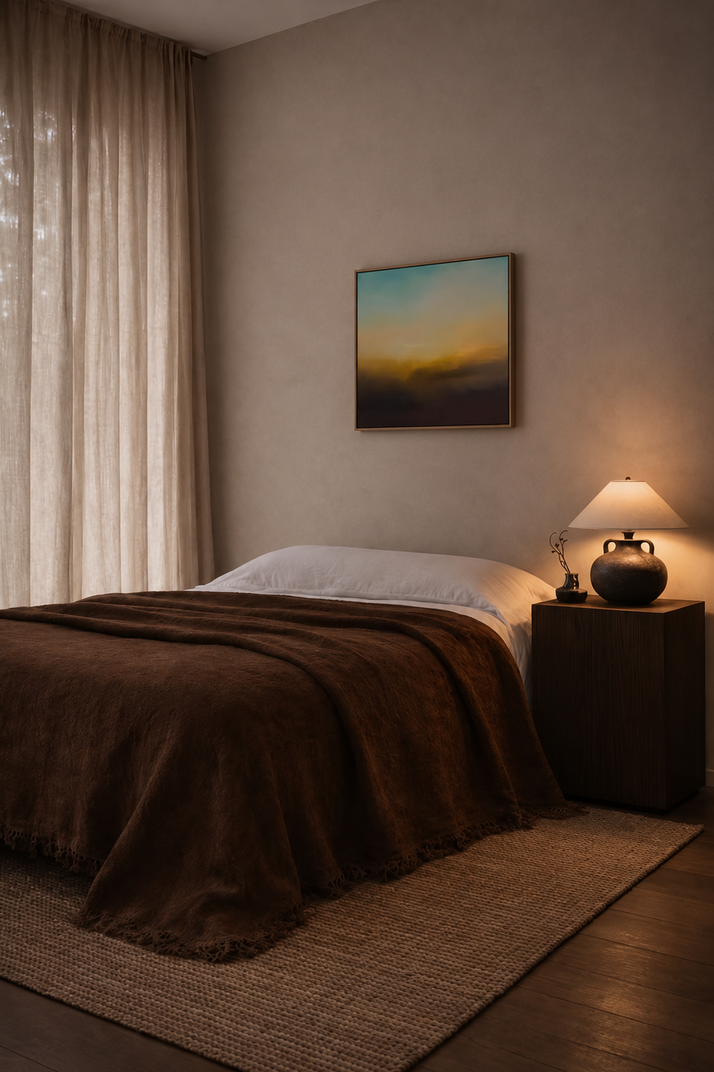 Une chambre moderne avec un lit fait avec une couverture brune, une table de chevet en bois sombre avec une lampe, un tableau abstrait avec un coucher de soleil, et des rideaux beige laissant entrer une lumière douce.