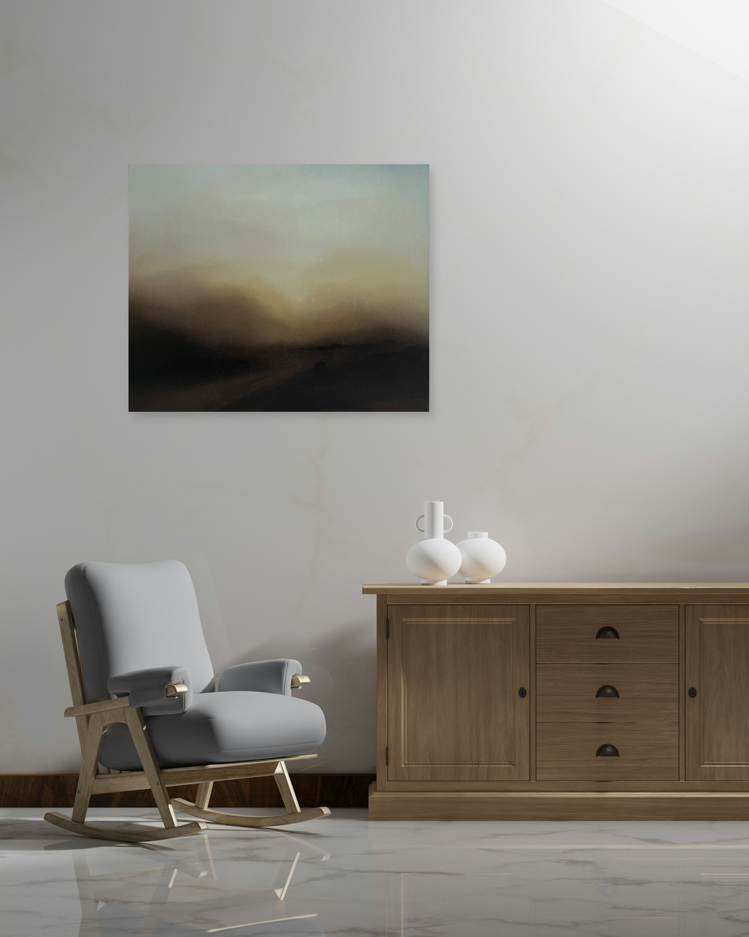 Un paysage brumeux et mystique s'intégrant dans un interieur minimaliste