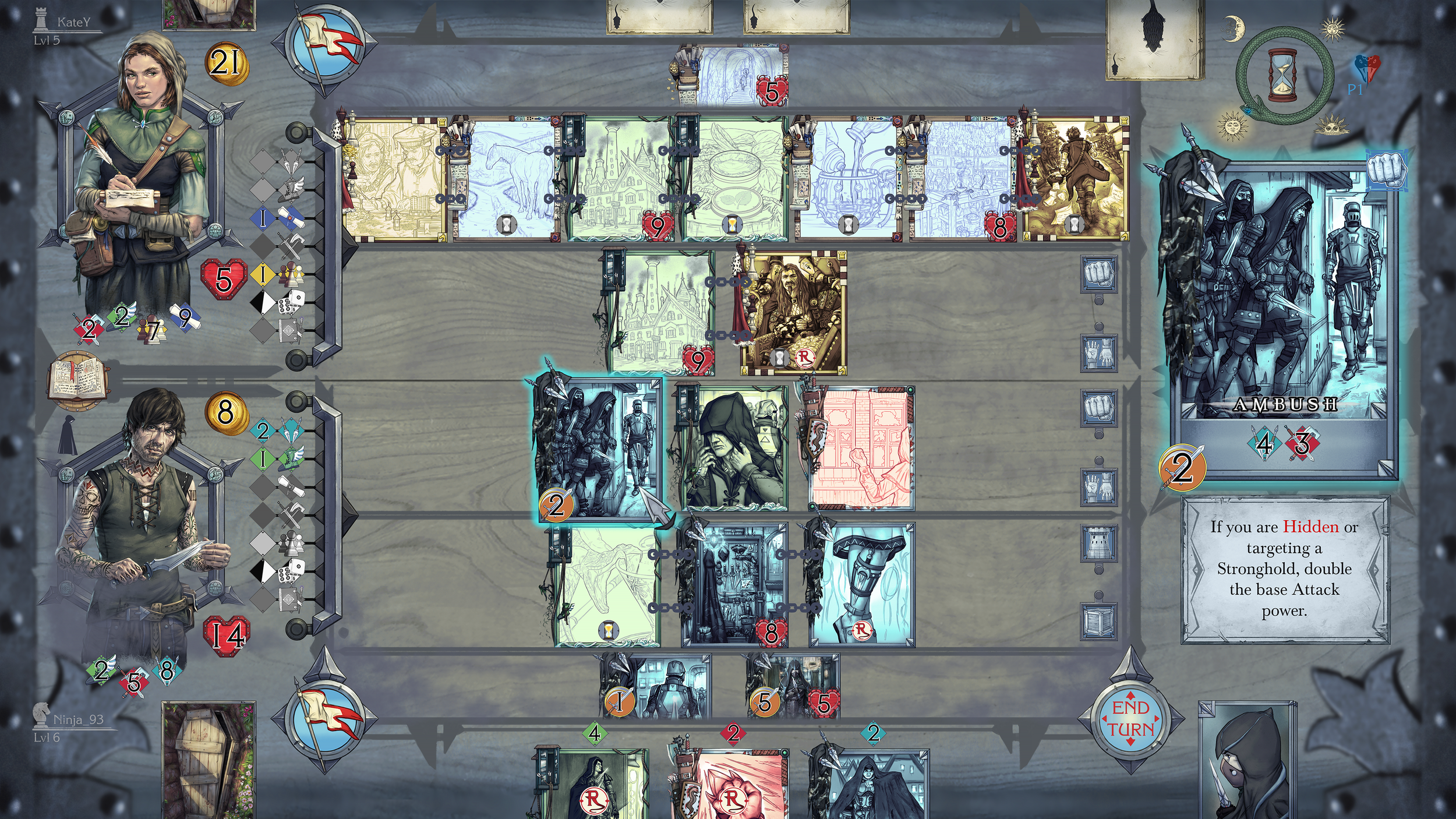 Main Concept depicting a screenshot from the game-screen of a Collectible Card Game titled 'Card&Dagger'.

