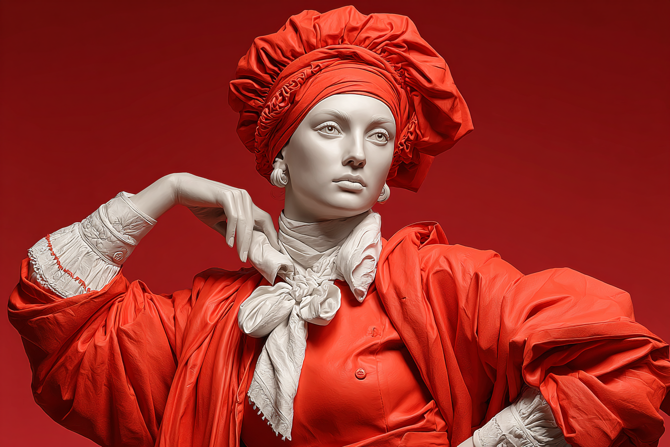 Une mannequin en tenue rouge et blanche portant un turban rouge et un foulard blanc, posant contre un fond rouge.