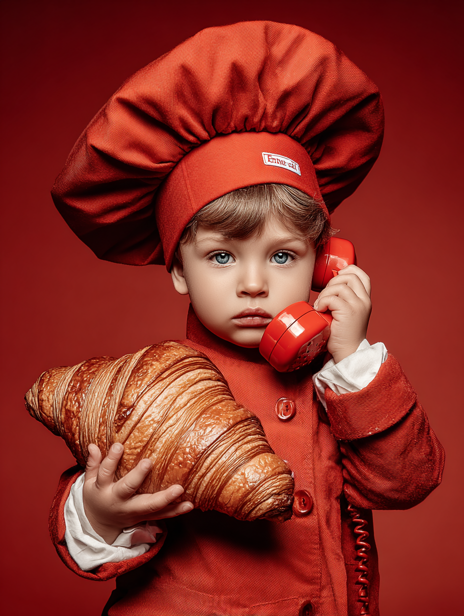 Un jeune enfant déguisé en chef cuisinier portant une toque rouge, tenant un téléphone rouge à l'oreille et un croissant dans l'autre main, avec un fond rouge.