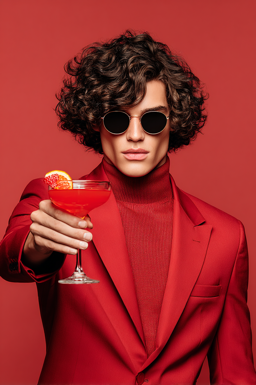 Une personne portant une veste rouge, des lunettes de soleil rondes noires, tenant un verre à cocktail rouge avec une tranche d'orange et une fraise, contre un fond rouge
