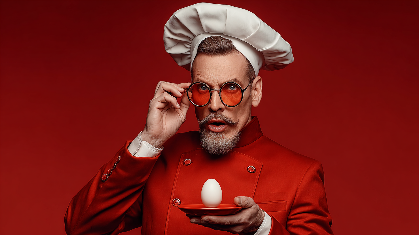Un homme en tenue de chef cuisinier, portant un chapeau blanc, des lunettes rondes orange, une veste rouge, tenant un œuf blanc sur une petite assiette rouge, fond rouge.