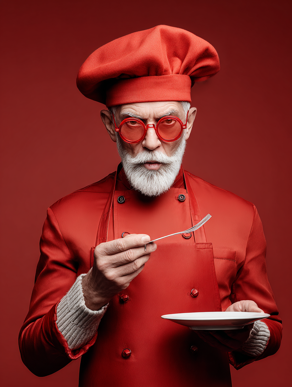 Un chef âgé portant un uniforme rouge, un chapeau de chef rouge, des lunettes rouges, avec une barbe blanche, tenant une fourchette et une assiette, contre un fond rouge.