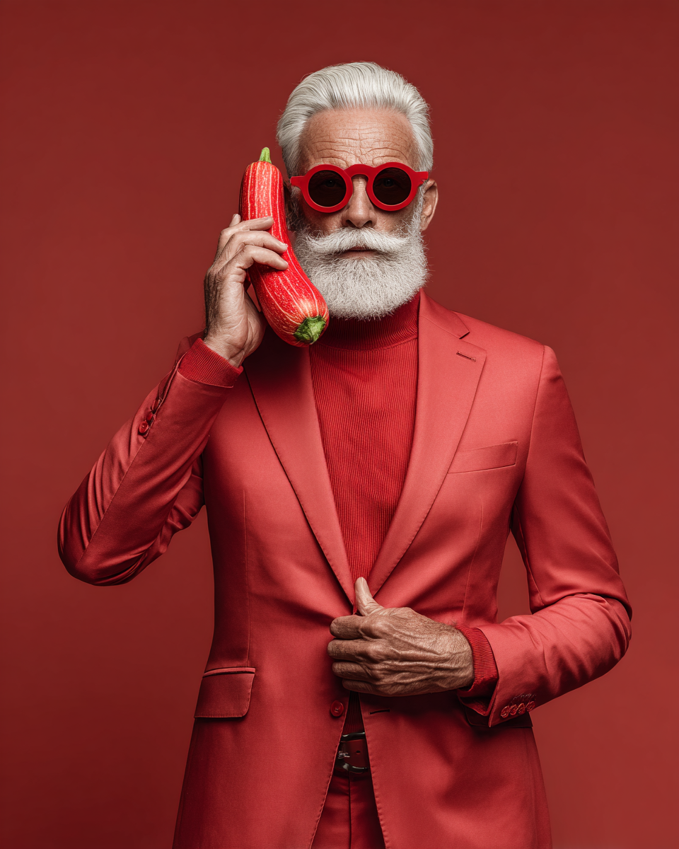 Un homme âgé avec une barbe blanche porte des lunettes de soleil rouges, un costume rouge, et tient une courge rouge pour téléphone à l'oreille. Le fond est rouge.