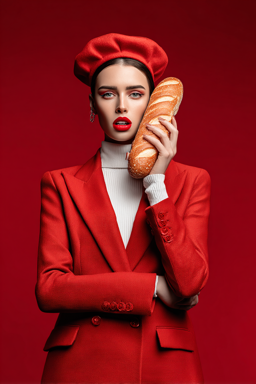 Une femme élégante porte un costume rouge et un béret assorti, tenant une baguette de pain contre sa joue sur un fond rouge.