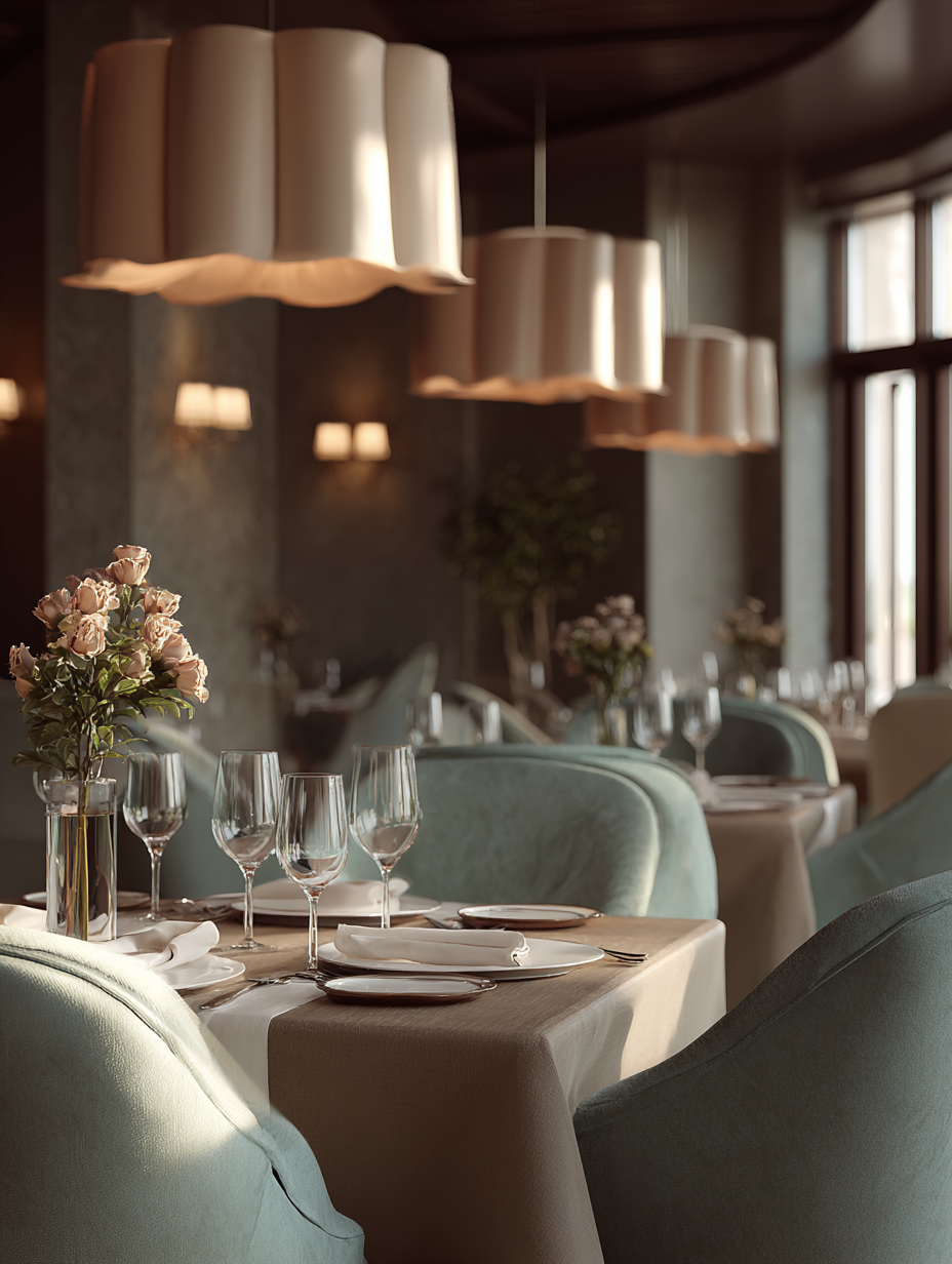 Une salle à manger élégante avec des tables préparées pour un repas, comprenant des verres à vin, des assiettes, des couverts et des bouquets de fleurs. Un éclairage chaud et des fenêtres laissant entrer de la lumière naturelle créent une atmosphère accueillante.