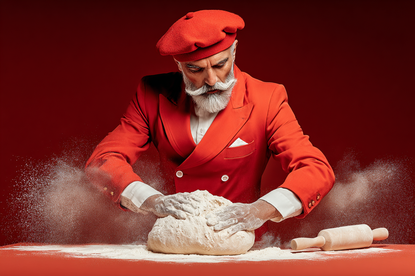 Un homme âgé, avec une barbe blanche, habillé en rouge avec une veste et un beret rouge, pétrit de la pâte à pain sur une surface recouverte de farine, avec un rouleau à pâtisserie à côté.