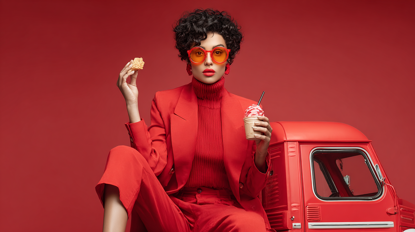 Femme avec lunettes rouges, vêtements rouges, posant avec une glace et une biscuit, assise contre un petit véhicule rouge, arrière-plan rouge.