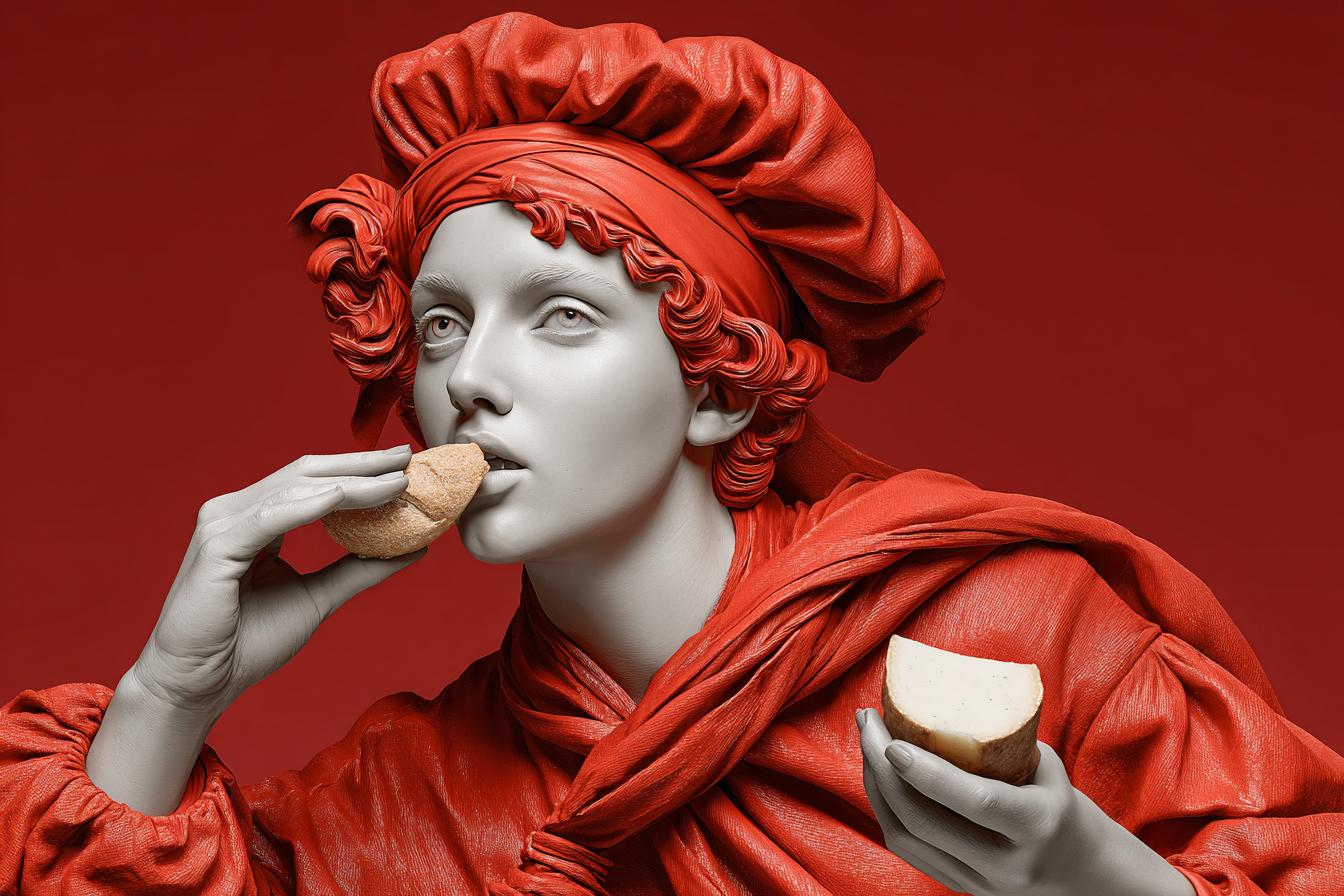 Statue d'une femme en blanc avec un foulard et toque rouges, mangeant du pain avec un fond rouge.