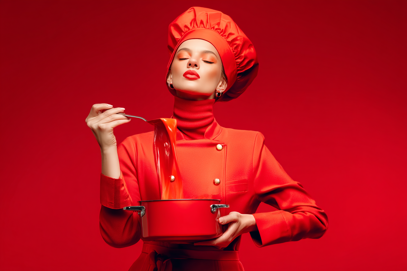 Une femme habillée en chef pâtissière en tenue rouge, portant un chapeau de chef, tient une casserole rouge et verse de la pâte rouge dans la casserole, avec un fond rouge.