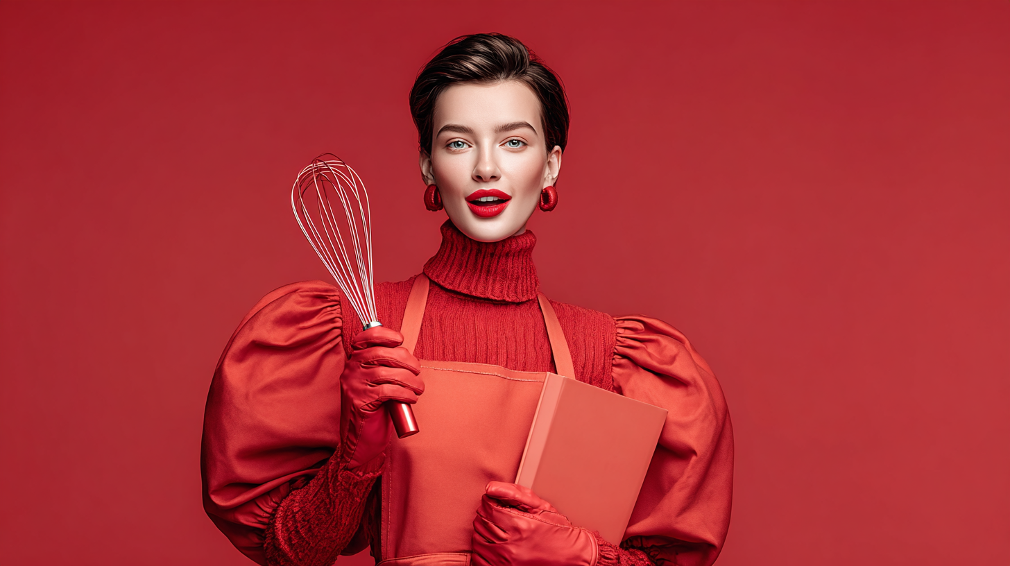 Femme souriante portant une robe rouge, portant des gants rouges, une paire de boucles d'oreilles rouges et tenant un fouet de cuisine et un livre dans un fond rouge.