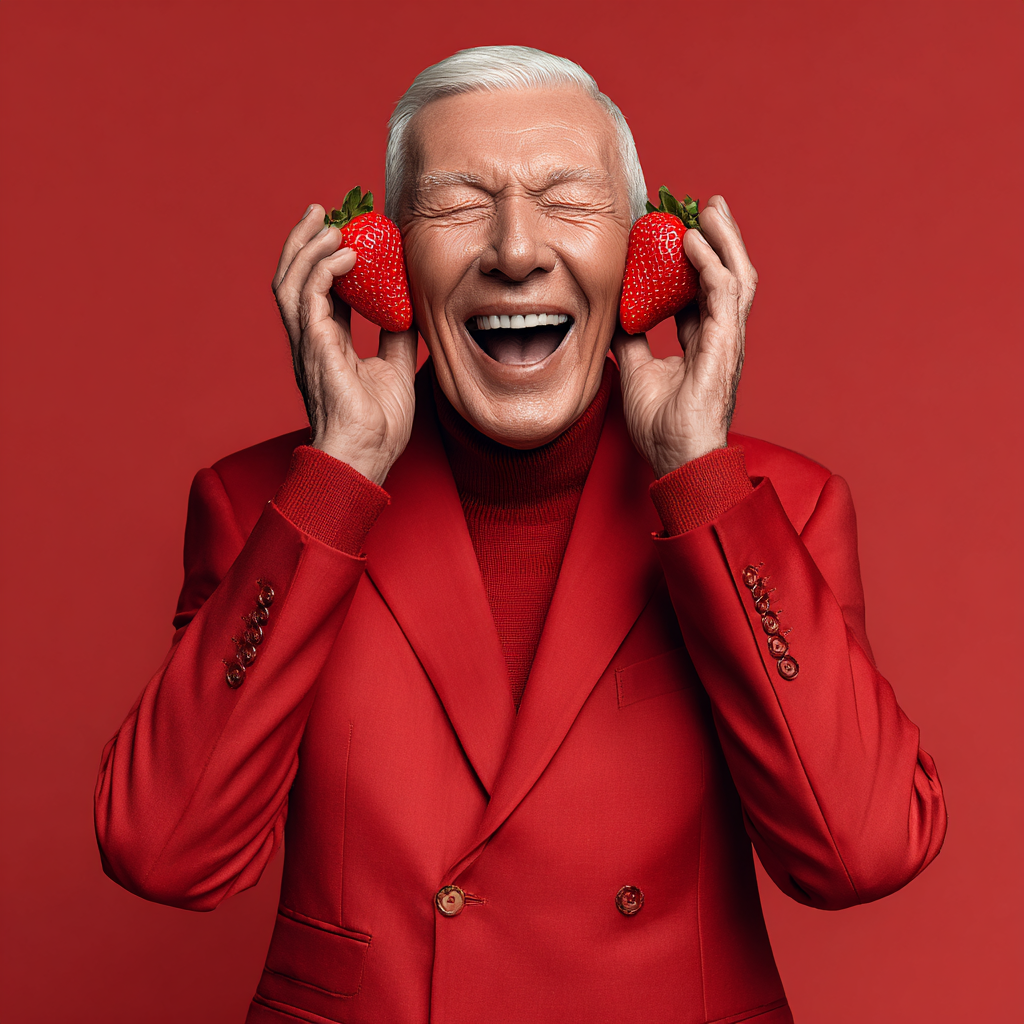 Un homme âgé souriant, en costume rouge, tenant deux fraises près des oreilles, avec un fond rouge.