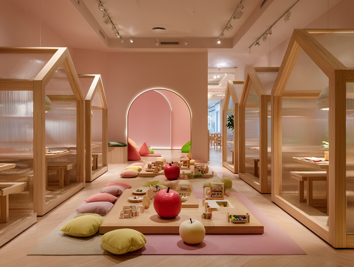 Espace de jeux pour enfants avec zones de repos, coussins colorés, jouets en bois, décor moderne avec des structures en bois, ambiance lumineuse et chaleureuse.