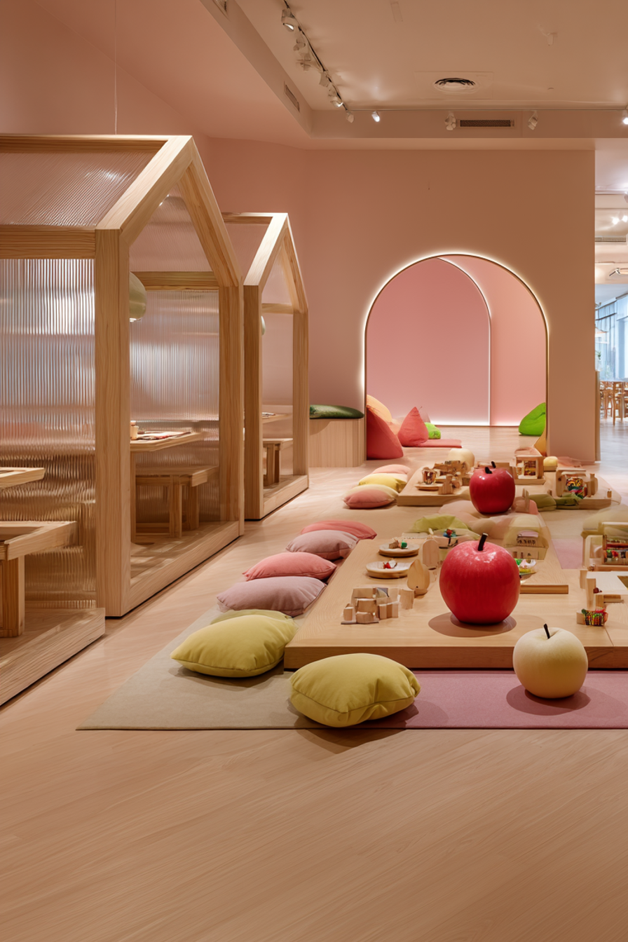 Espace de jeux pour enfants avec coussins colorés, jouets en bois, et décor rose pastel. Zones de lecture ou de repos à l'arrière, avec un design moderne et chaleureux.