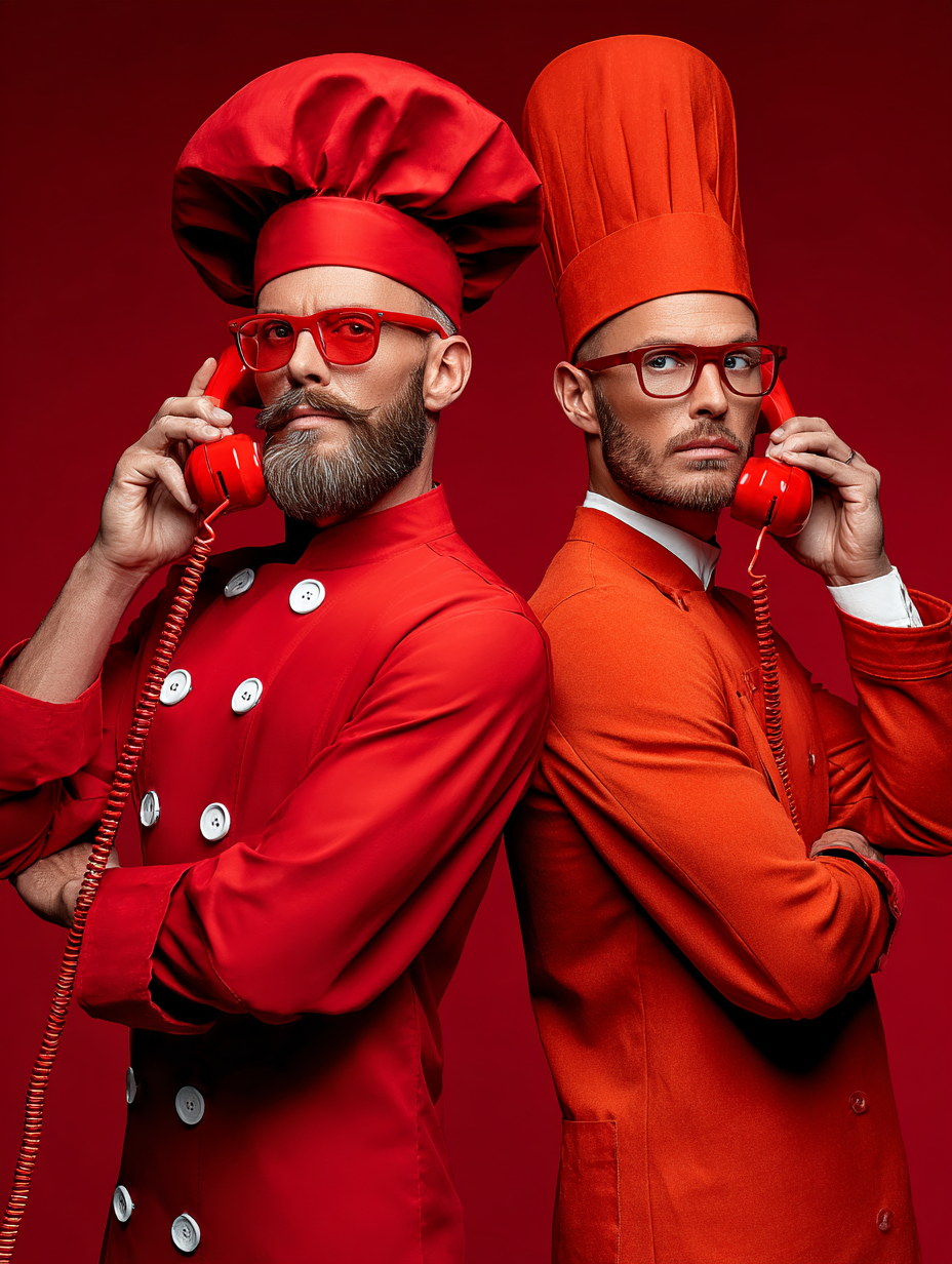 Deux chefs portant des uniformes rouges et des toques de chef, chacun parlant au téléphone avec un fond rouge