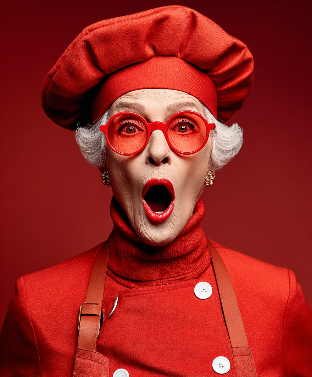 Une femme âgée portant un costume de chef cuisinier rouge, avec un chapeau de chef, des lunettes rouges, exprime la surprise ou la stupéfaction.
