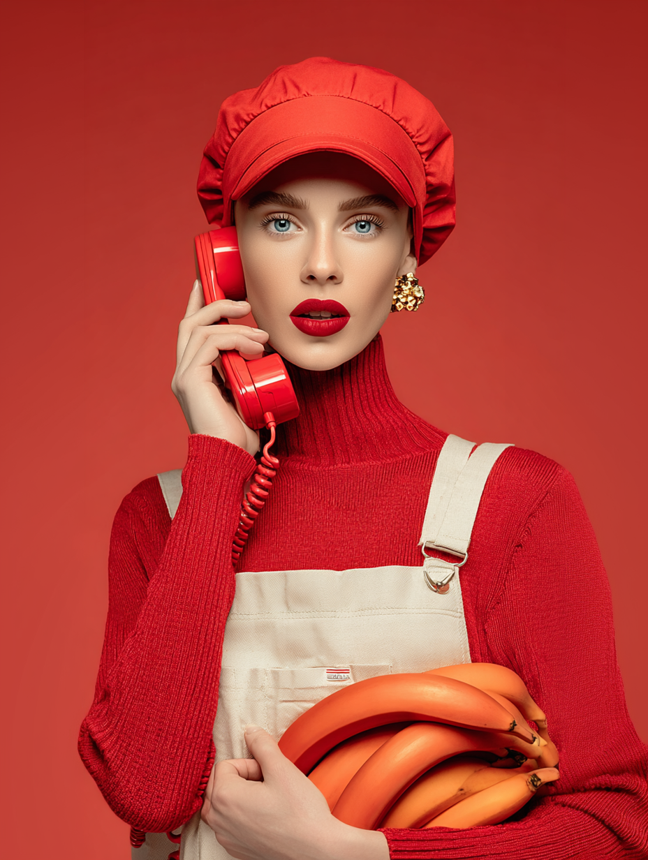 Femme portant un bonnet rouge, un pull rouge, en train de parler au téléphone rouge, tenant un bunch de bananes, portant un oreille en bijou doré.