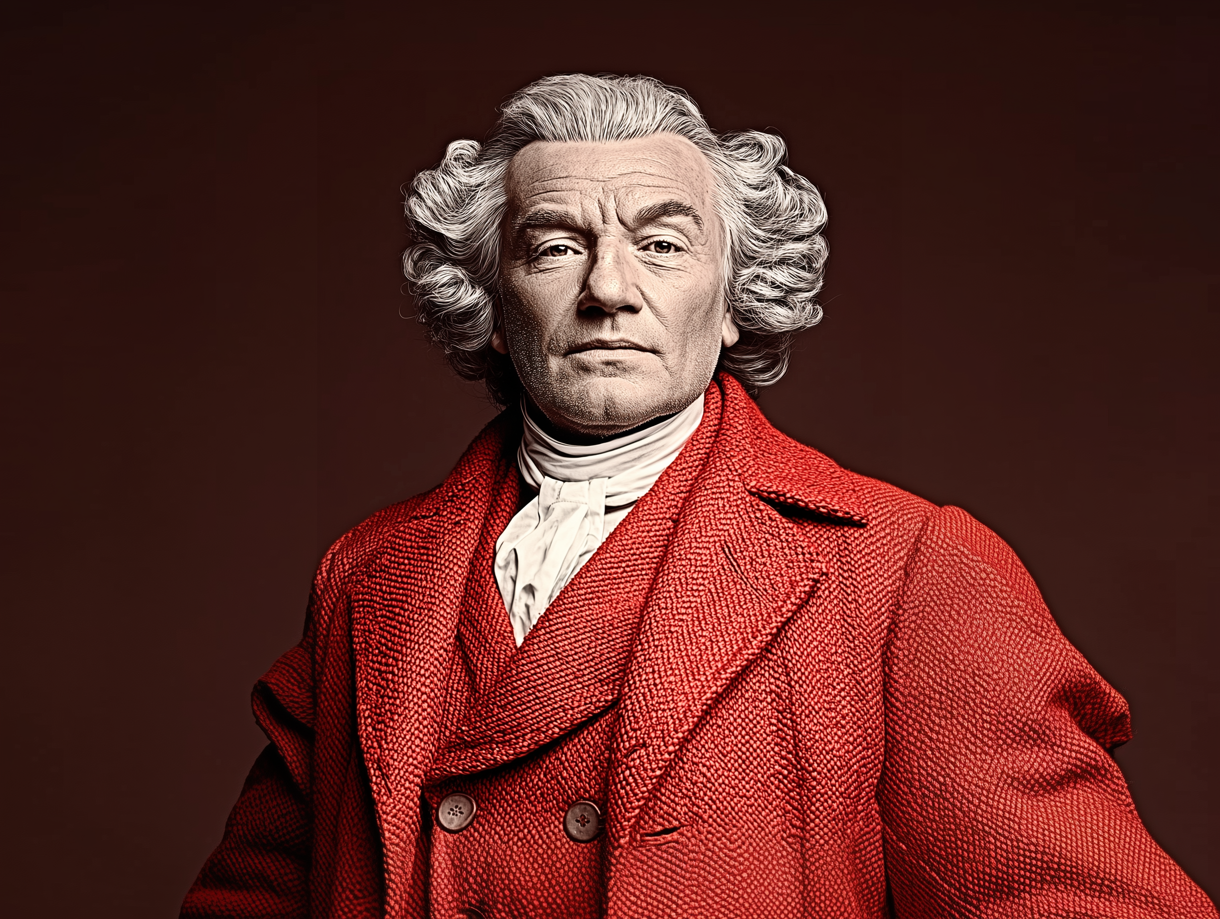 Portrait d'un homme âgé avec des cheveux gris bouclés, portant un costume rouge, une chemise blanche en cravate, contre un fond sombre.