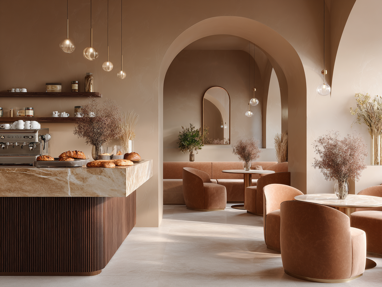 Intérieur d'un café élégant avec un comptoir en marbre, des tables rondes avec des chaises en velours beige, décorations florales dans des vases et un miroir mural, ambiance chaleureuse et moderne.