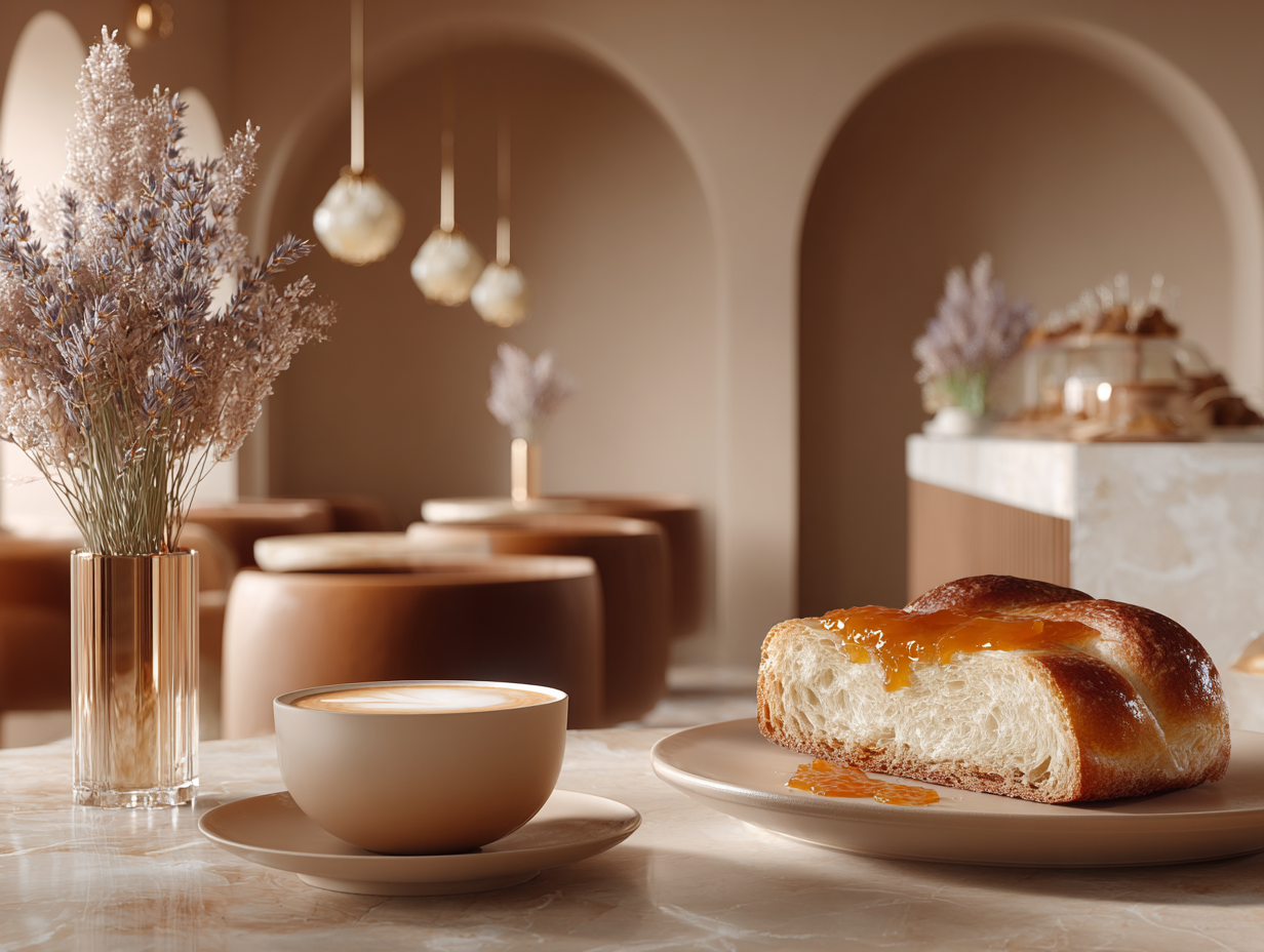 Un bol de café ou de cappuccino, un flan ou une crème, et un morceau de brioche avec de la confiture d'abricots, posés sur une table dans un café ou une pâtisserie avec un décor élégant et moderne.
