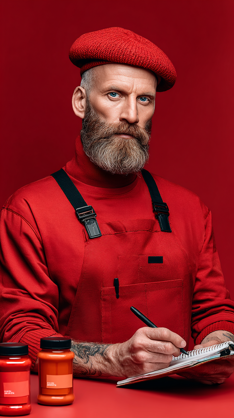 Un homme avec une barbe grise, portant un bonnet rouge et un pull rouge, écrit dans un carnet blanc avec un stylo noir, avec deux fioles de couleur rouge et orange devant lui, sur un fond rouge.