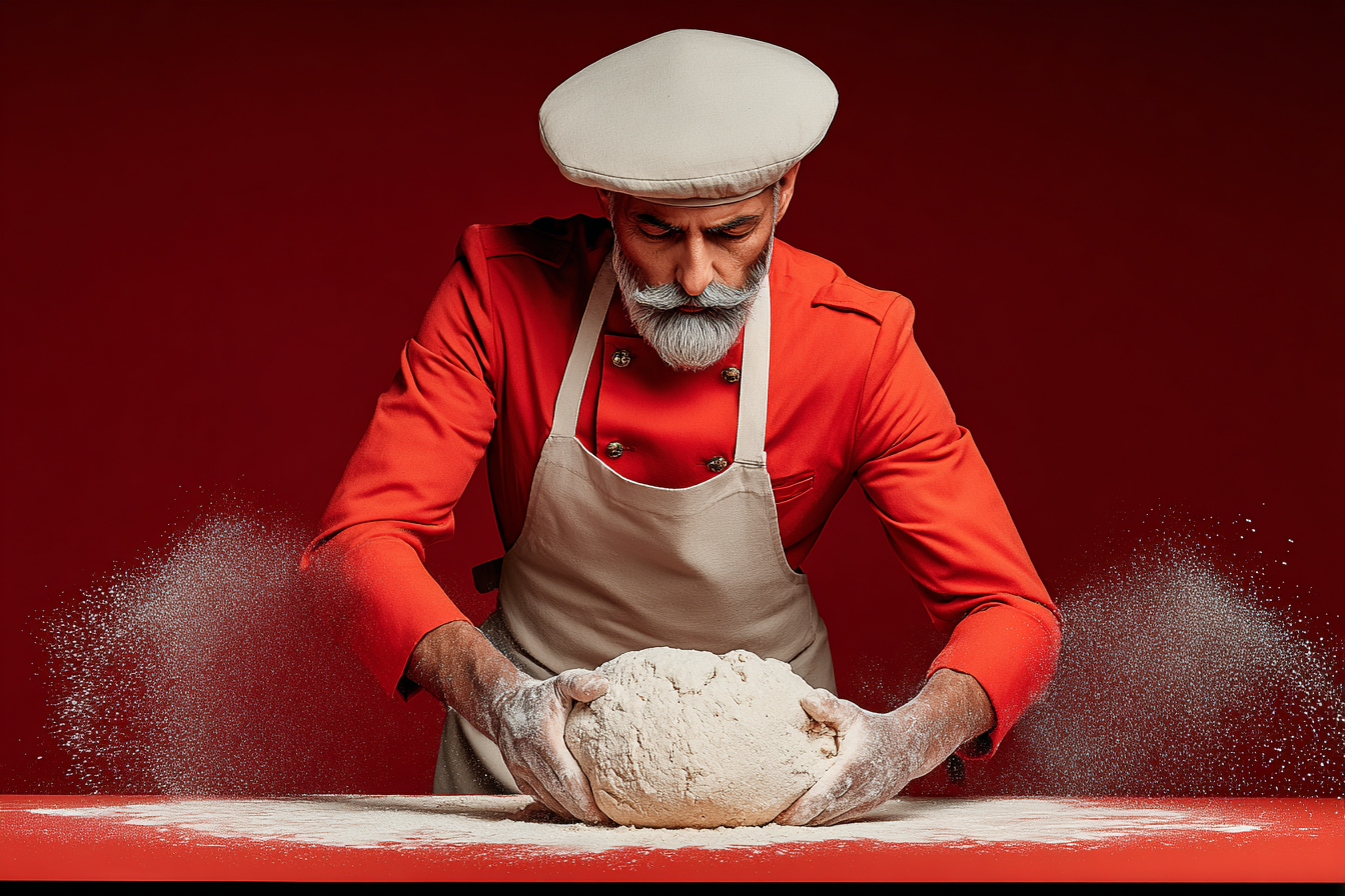 Un chef en habits traditionnels, avec un béret blanc, en train de pétrir de la pâte à farine sur une table rouge, poussière de farine en l'air.