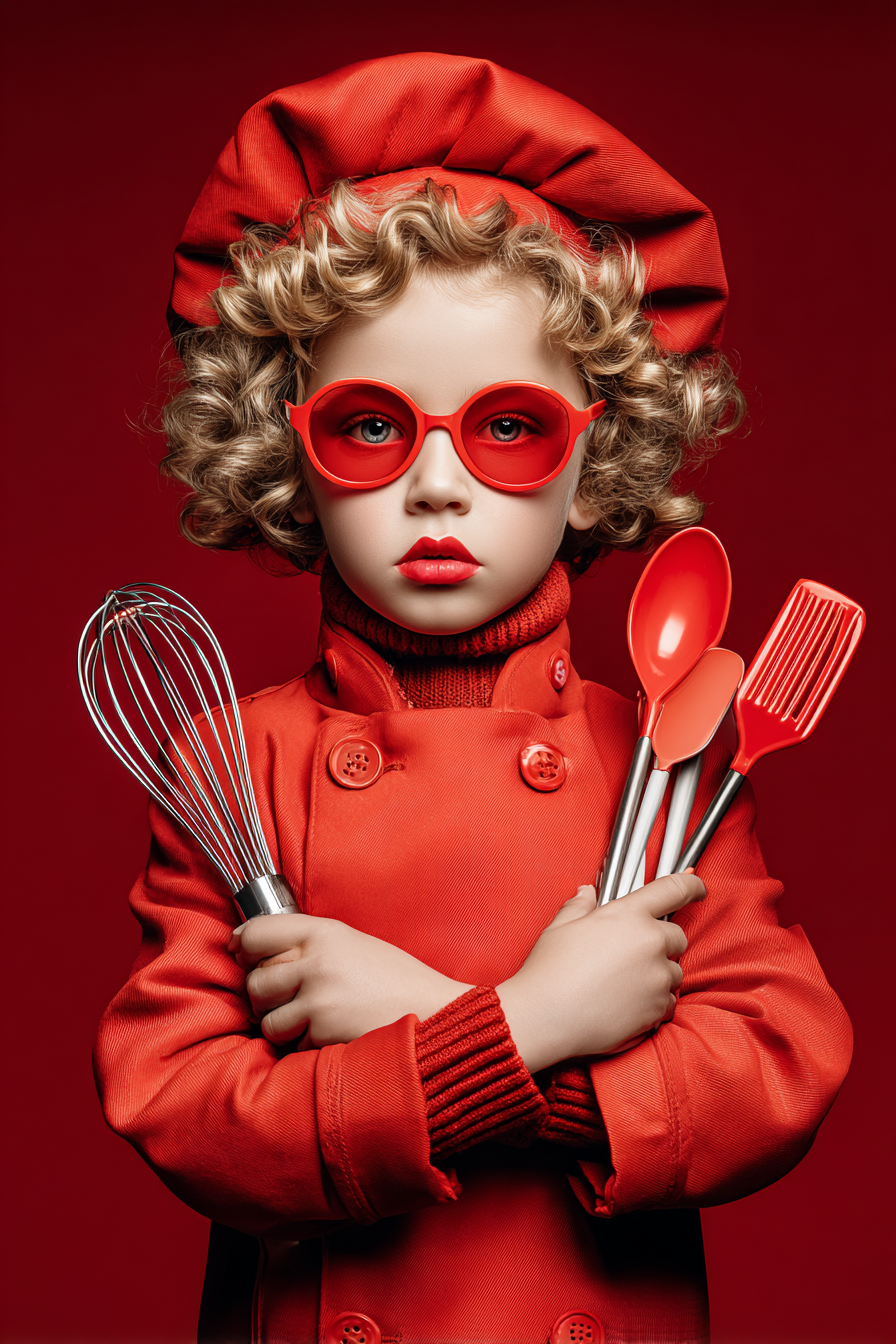 Jeune fille en tenue de chef, portant des lunettes rouges, un chapeau rouge, une veste rouge, tenant deux cuillères en silicone rouge et un fouet en fil chromé, avec un fond rouge.