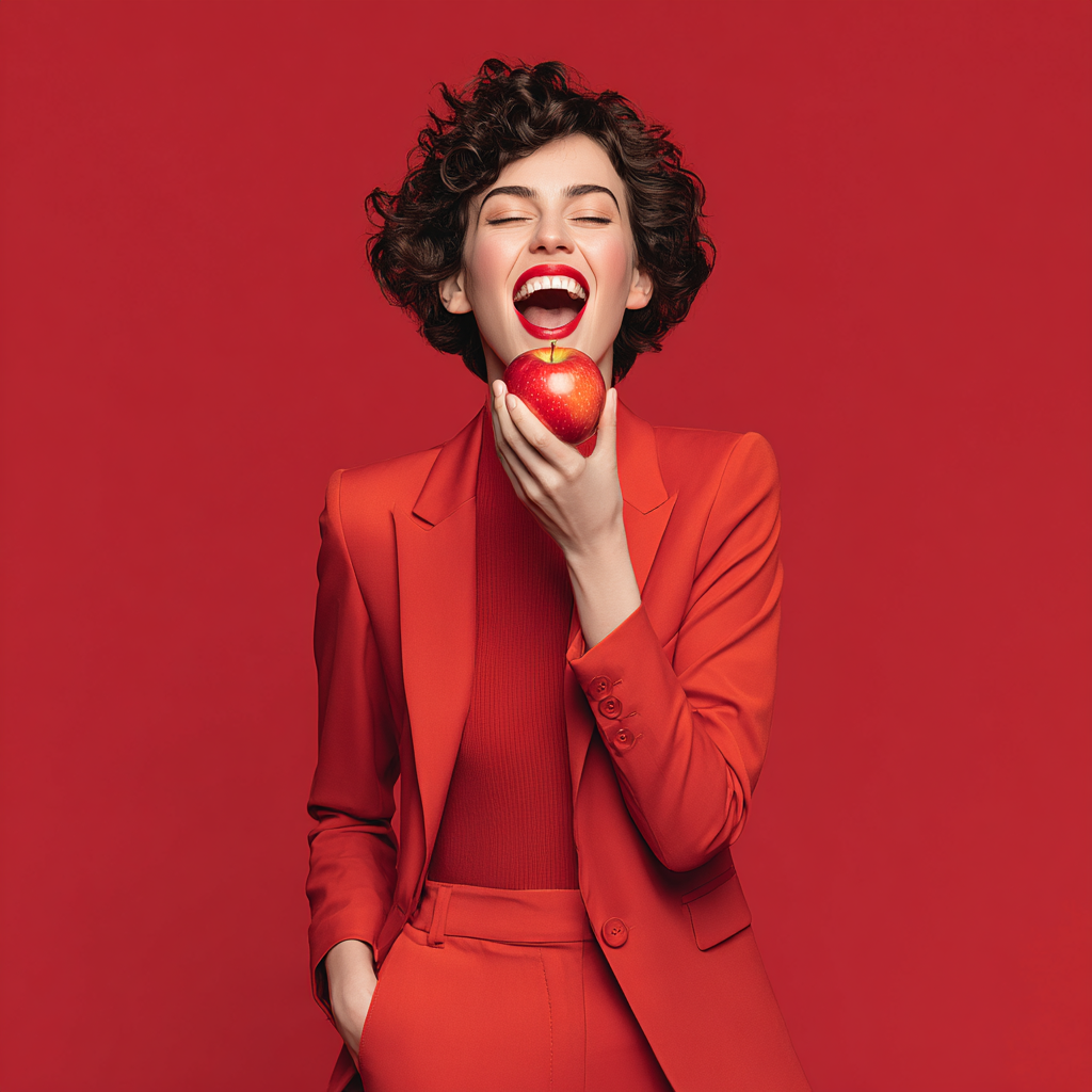 Une femme souriante tenant une pomme rouge contre sa joue, habillée en tailleur rouge, sur un fond rouge.