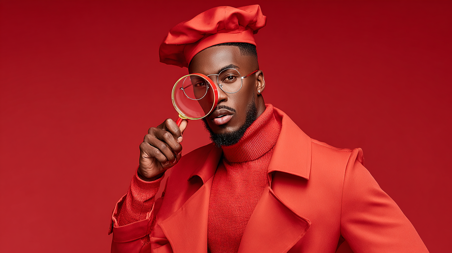 Homme noir portant un manteau rouge, un turtleneck rouge, un chapeau rouge, et des lunettes, tenant une loupe rouge avec une monture dorée devant son œil, contre un fond rouge.