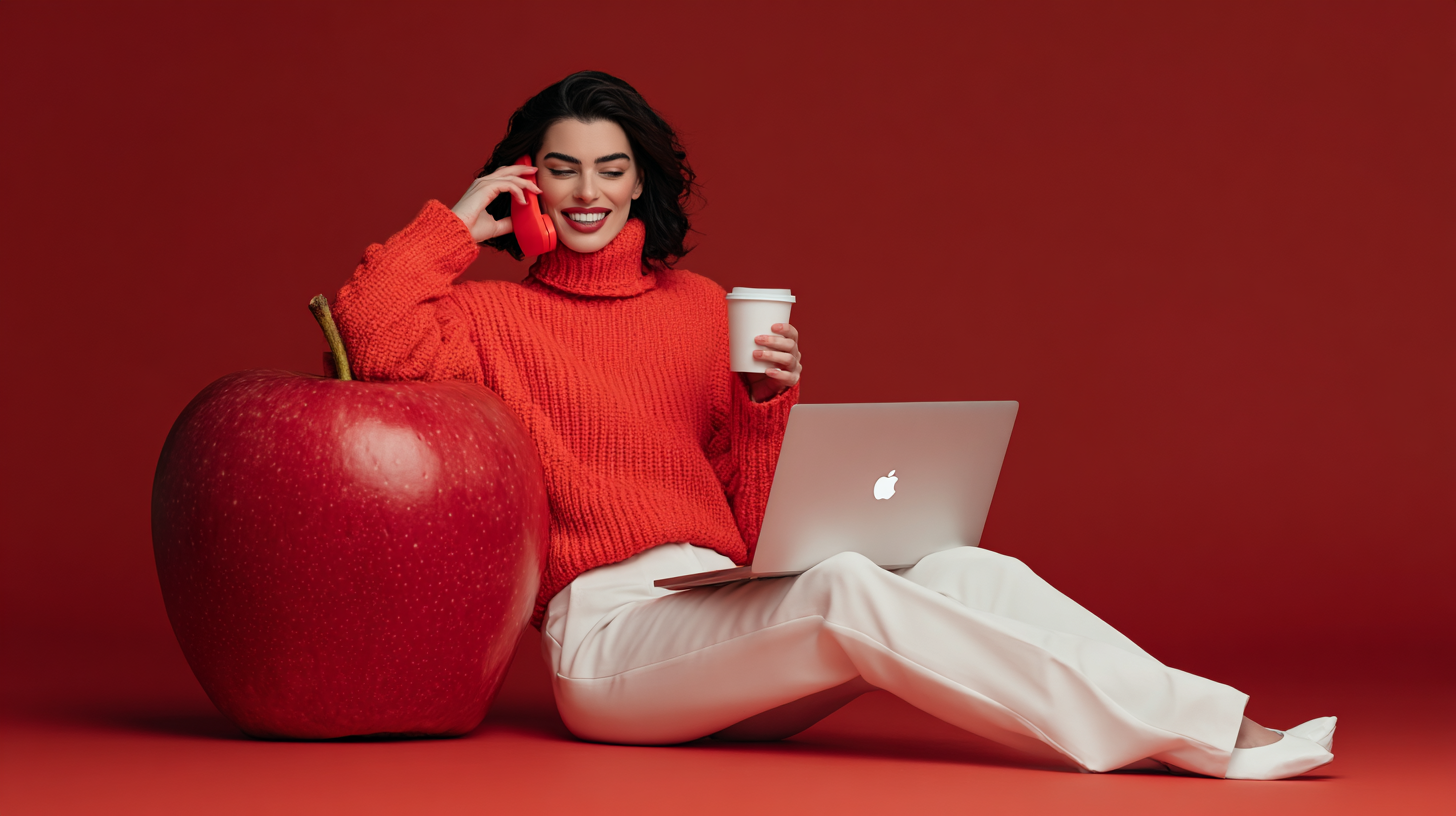 Une femme souriante à côté d'une grosse pomme rouge, portant un pull rouge et utilisant un ordinateur portable, tout en parlant au téléphone avec un café dans la main, contre un fond rouge.
