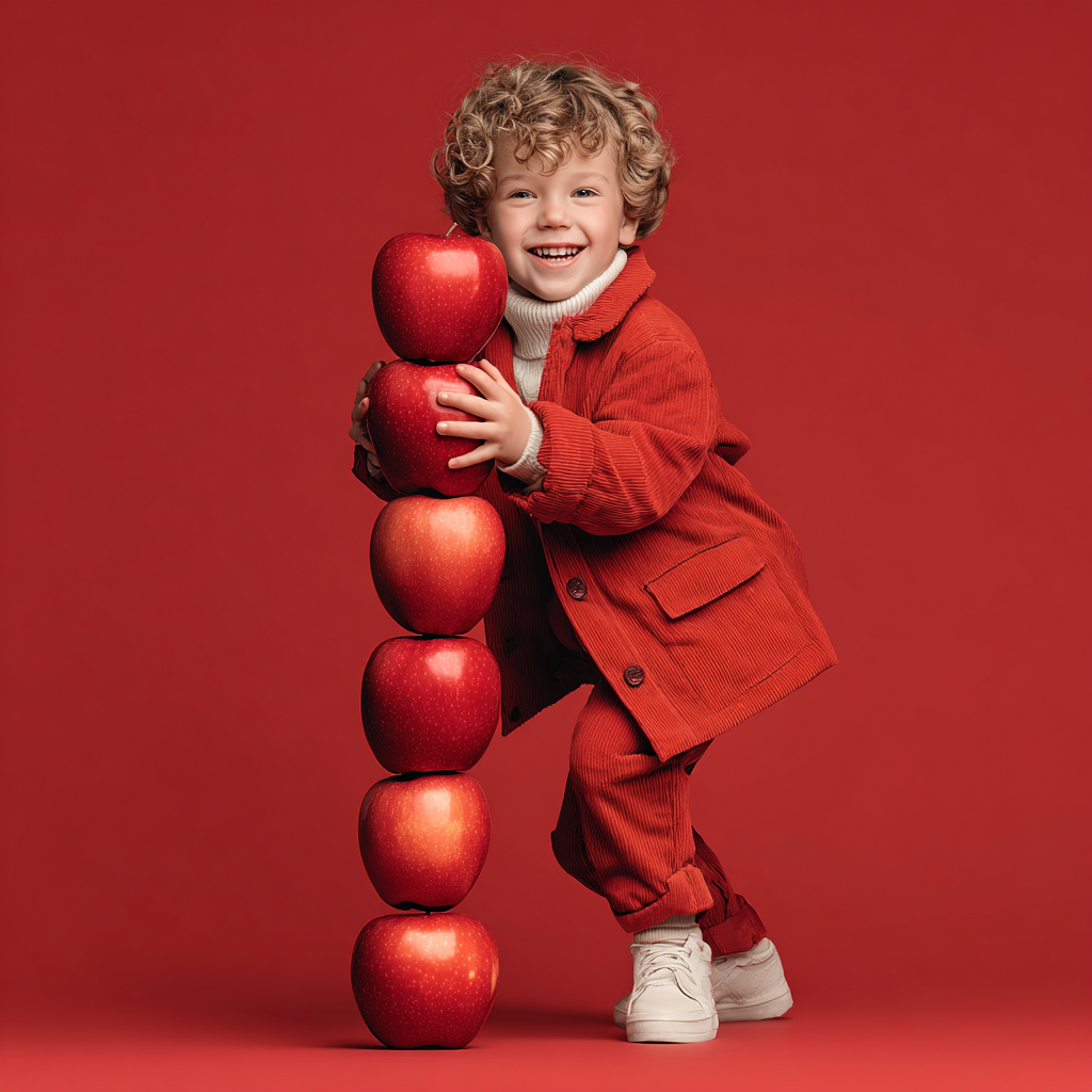 Un jeune garçon joyeux avec des cheveux bouclés, portant un manteau rouge, tient une pile de six pommes rouges contre un fond rouge, souriant à la caméra.