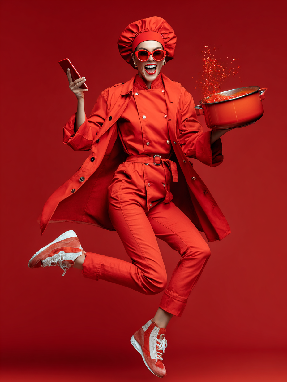 Une femme vêtue en tenue de chef cuisinier rouge saute en l'air tout en tenant une cuisinière en totale ébullition dans sa main gauche et un téléphone portable dans sa main droite, avec un fond rouge.