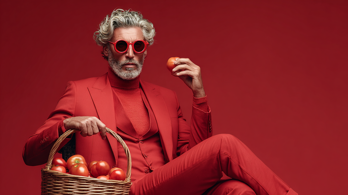 Un homme âgé avec des cheveux gris bouclés et une barbe, portant des lunettes de soleil rouges, en costume rouge, tenant un panier de tomates, assis contre un fond rouge.