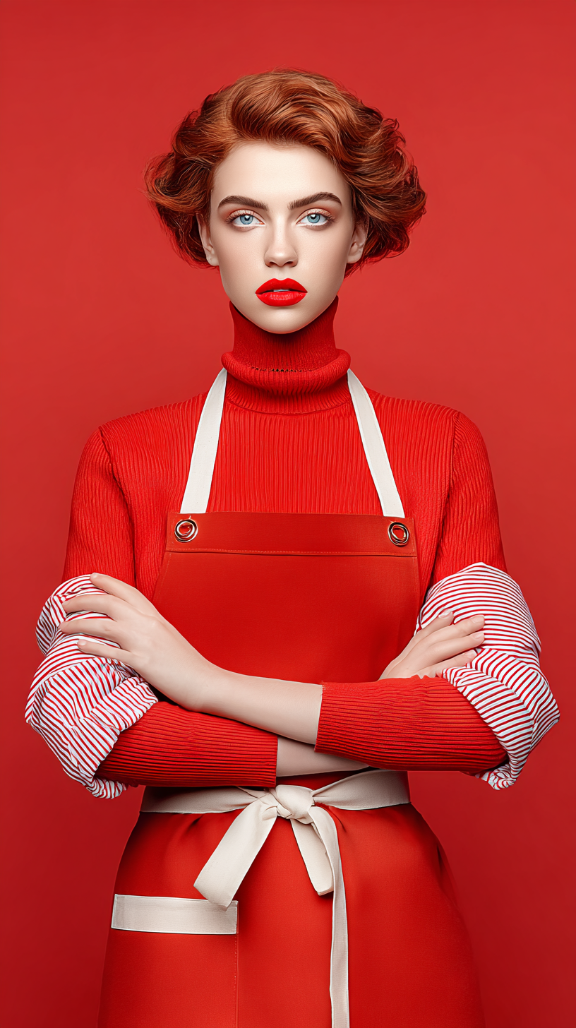 Femme aux cheveux roux avec maquillage rouge, portant une tenue rouge avec un tablier blanc à rayures, contre un fond rouge.