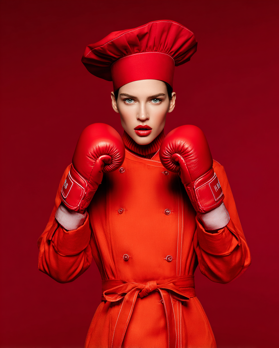 Femme en tenue de cuisine rouge, portant des gants de boxe rouges, posant avec une expression sérieuse, contre un fond rouge.
