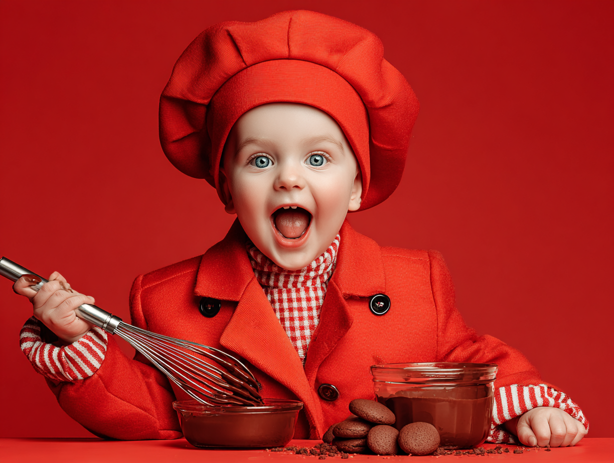 Un jeune enfant habillé en costume de chef avec un bonnet de cuisine rouge, joyeux, en train de préparer du chocolat avec des biscuits.