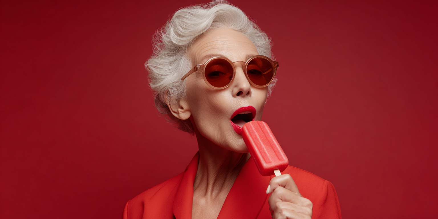 Une femme âgée avec des cheveux gris coiffés en boucles, portant des lunettes de soleil rondes et un rouge à lèvres rouge, mangeant une glace rouge contre un fond rouge.