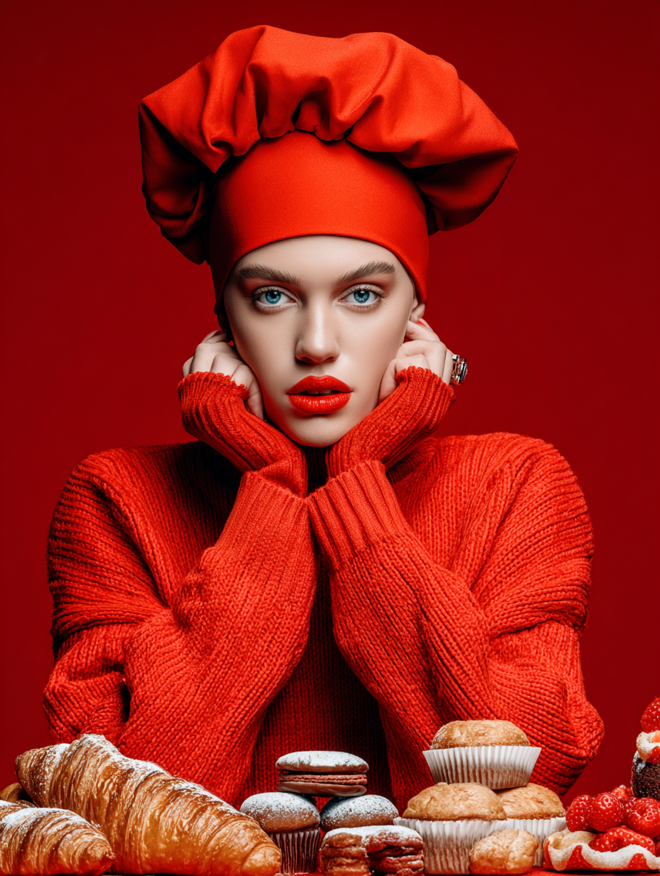 Une femme porte un chapeau de chef rouge et un pull rouge, posant devant un fond rouge avec des viennoiseries et des pâtisseries
