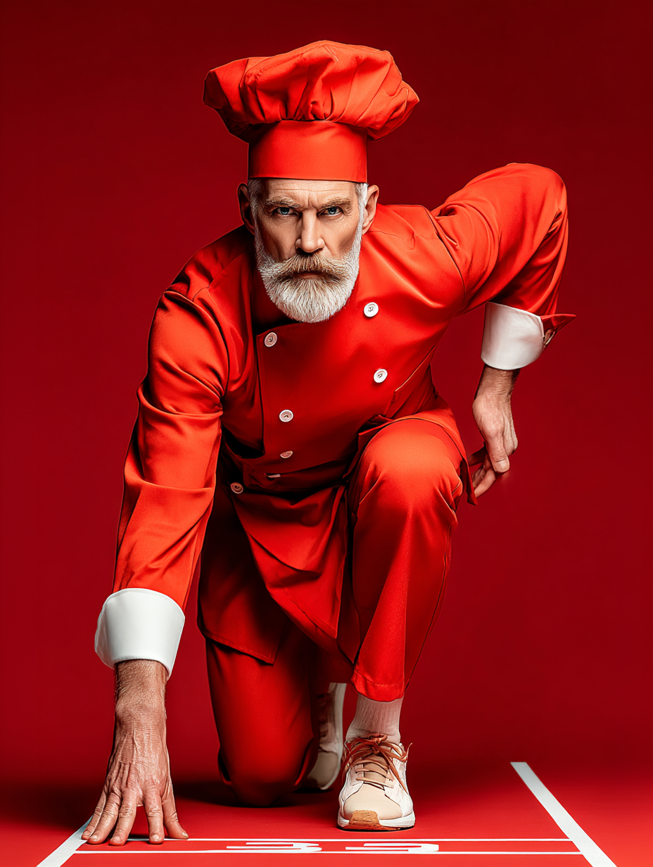 Un chef homme âgé, portant une toque et un uniforme rouge, est en position de départ sur une ligne de départ, prêt à courir dans une atmosphère dynamique.