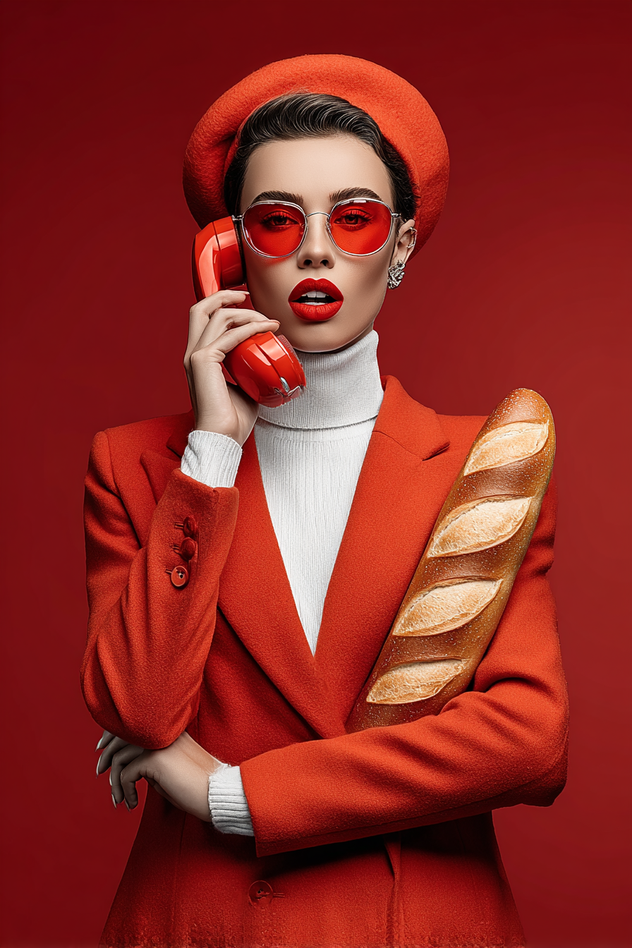 Une femme portant des vêtements rouges, des lunettes de soleil rouges et un béret rouge, tenant un téléphone rouge à l'oreille et une baguette de pain.