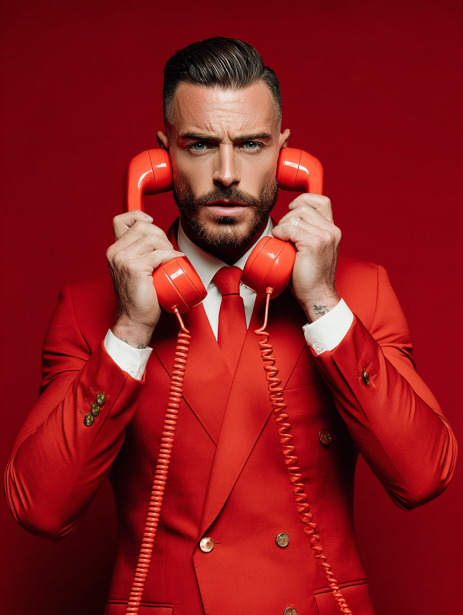 Homme en costume rouge avec une cravate, tenant un téléphone rouge à la main, regardant intensément.