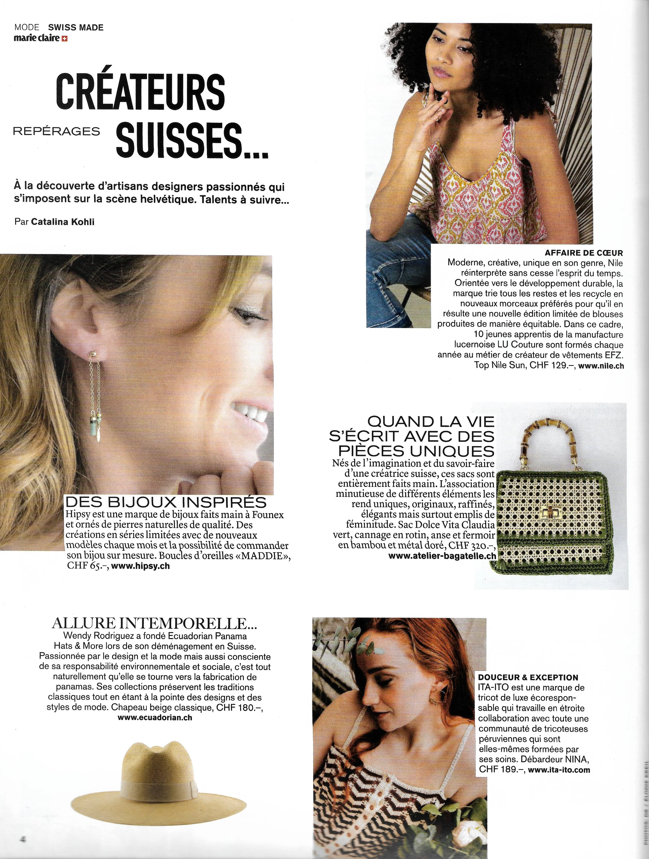 Magazine page featuring Swiss fashion and jewelry brands, with images of five women wearing accessories and clothing, along with descriptions of each brand and product.