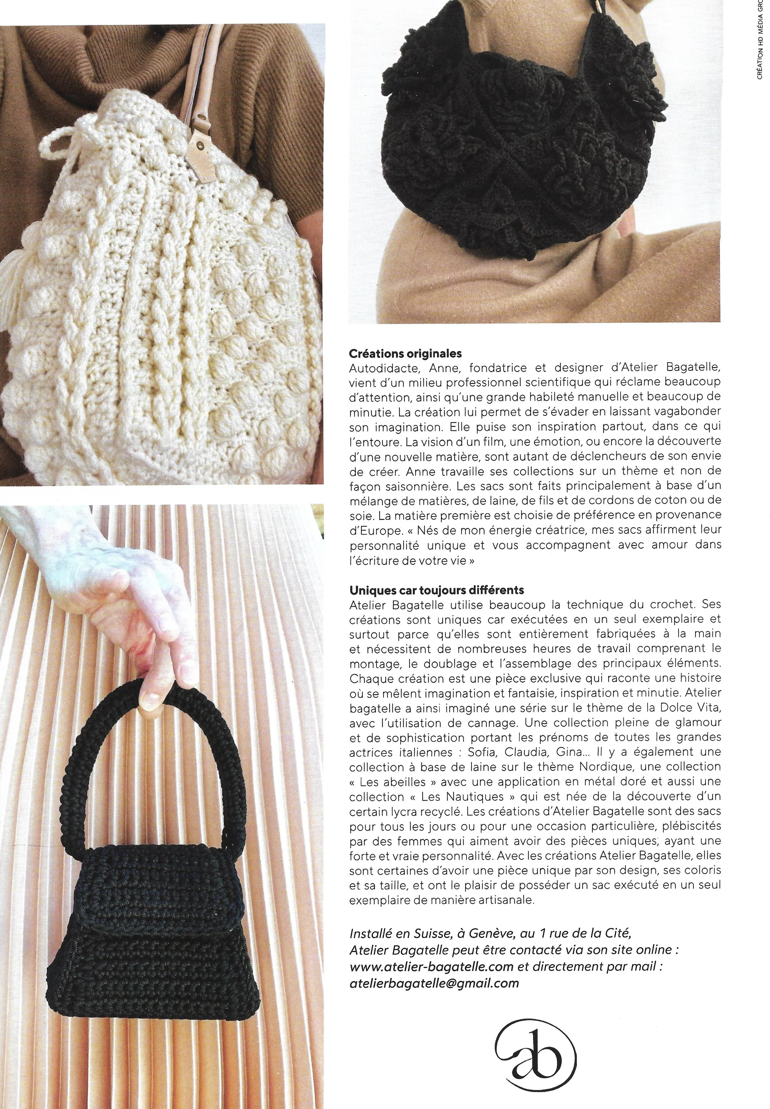 Photo of two crocheted bags, one cream-colored and one black, along with a block of French text describing creator Anne and her handmade crochet bags and accessories, along with her contact information.