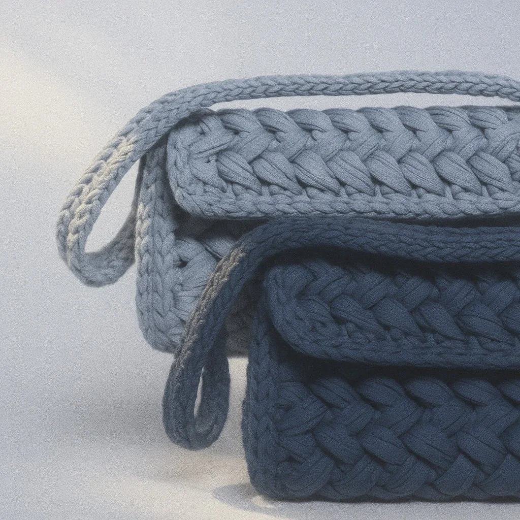 Stacked braided rope baskets with handles in light and dark gray colors.