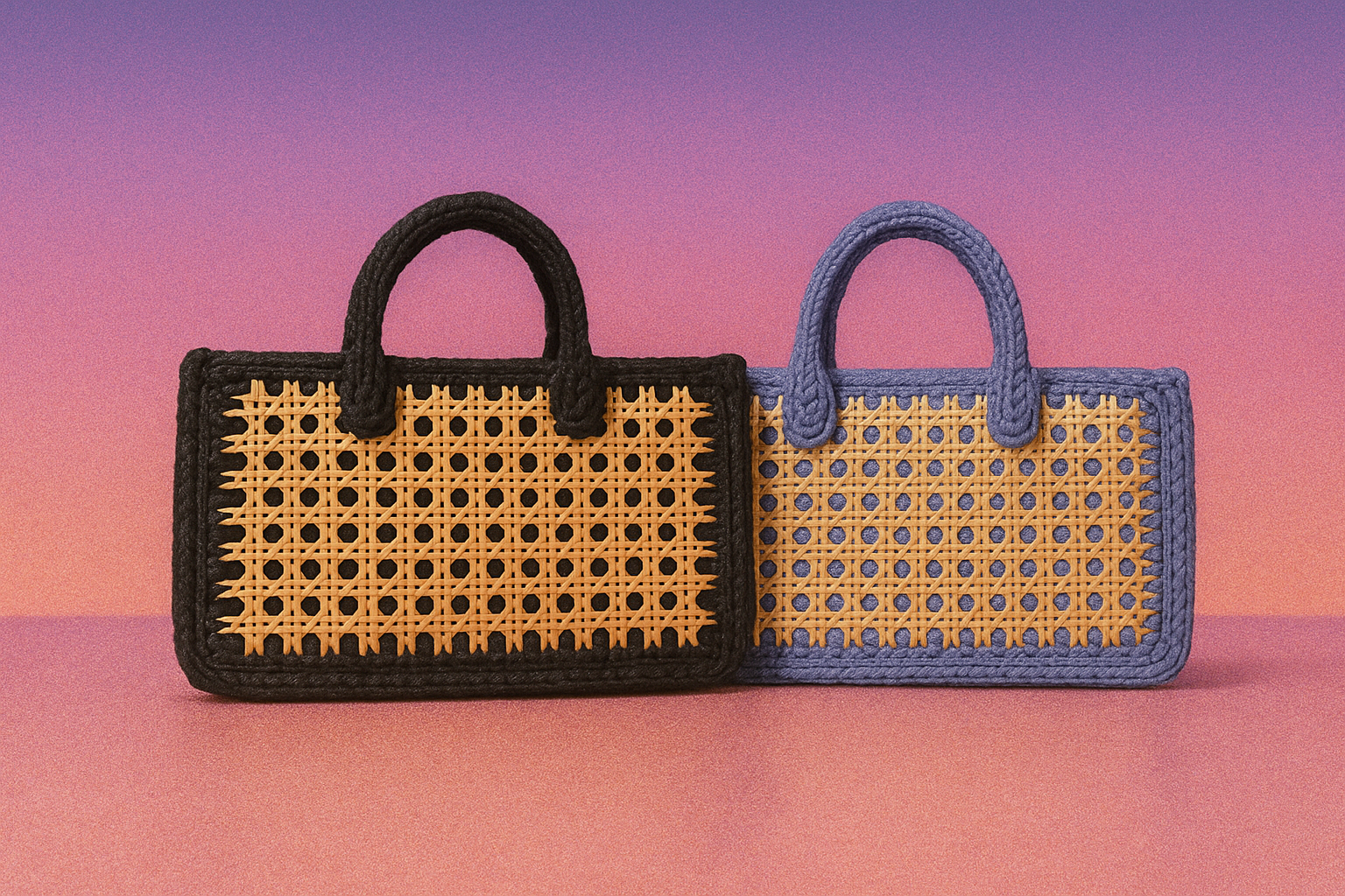 Two woven handbags with a lattice pattern, one black with a beige interior and the other blue with a beige interior, placed side by side on a pink surface against a purple gradient background.