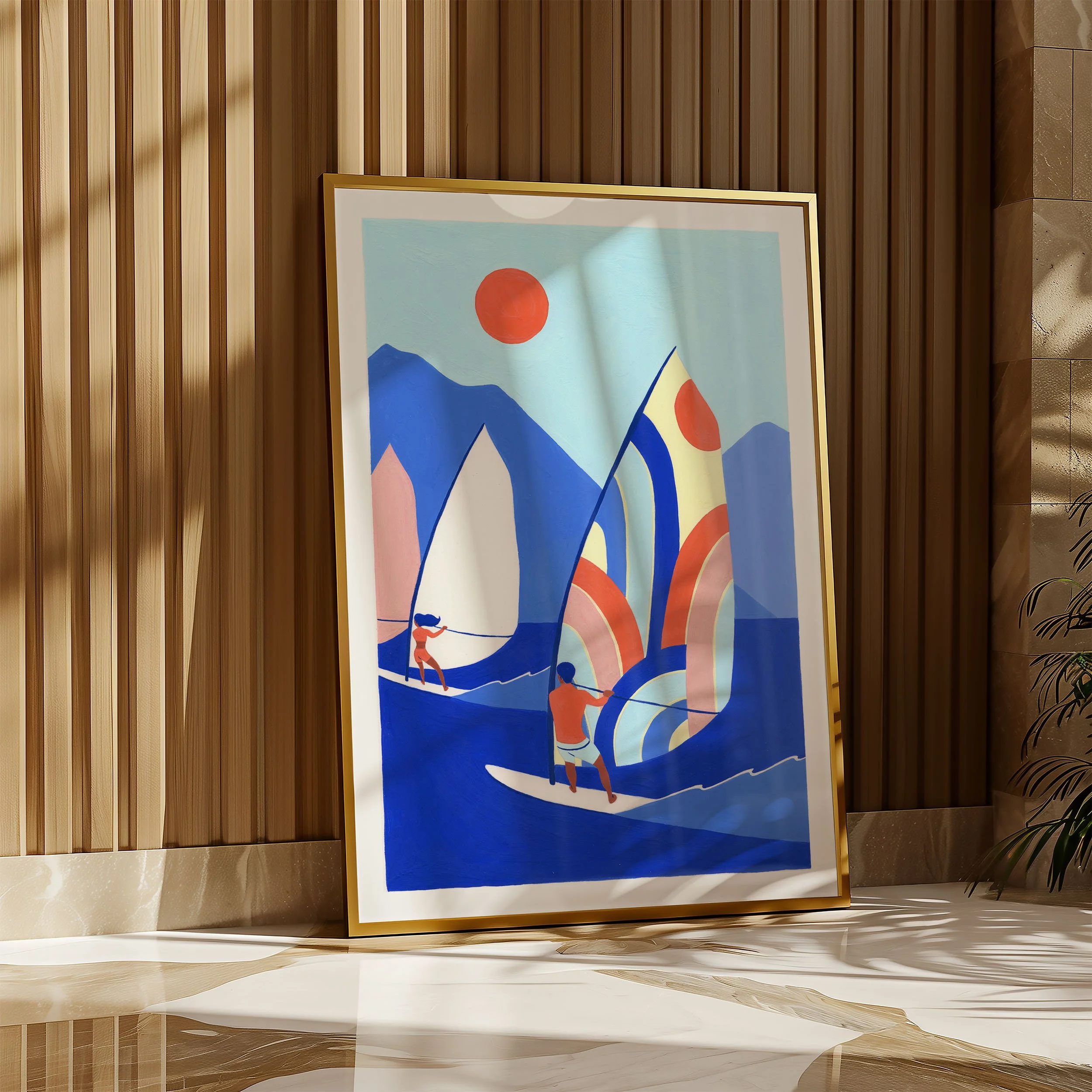 Colorful geometric painting of two people sailing on blue water with sailboats and a red sun, leaning against a wooden wall.