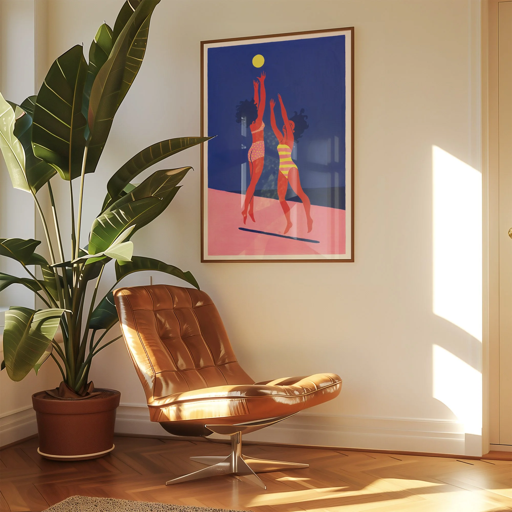 A cozy corner with a large green potted plant, a brown leather modern lounge chair, and colorful artwork on the wall depicting two women reaching for a yellow moon in a night sky.