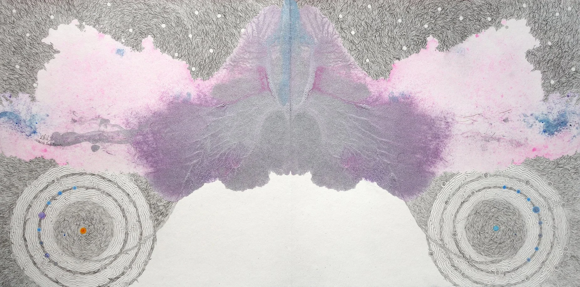 Artiste : WANG Suo Yuan.
Andromeda, 2017.
Encre et aquarelle sur papier tendu sur châssis rond.
Ø 30 cm.