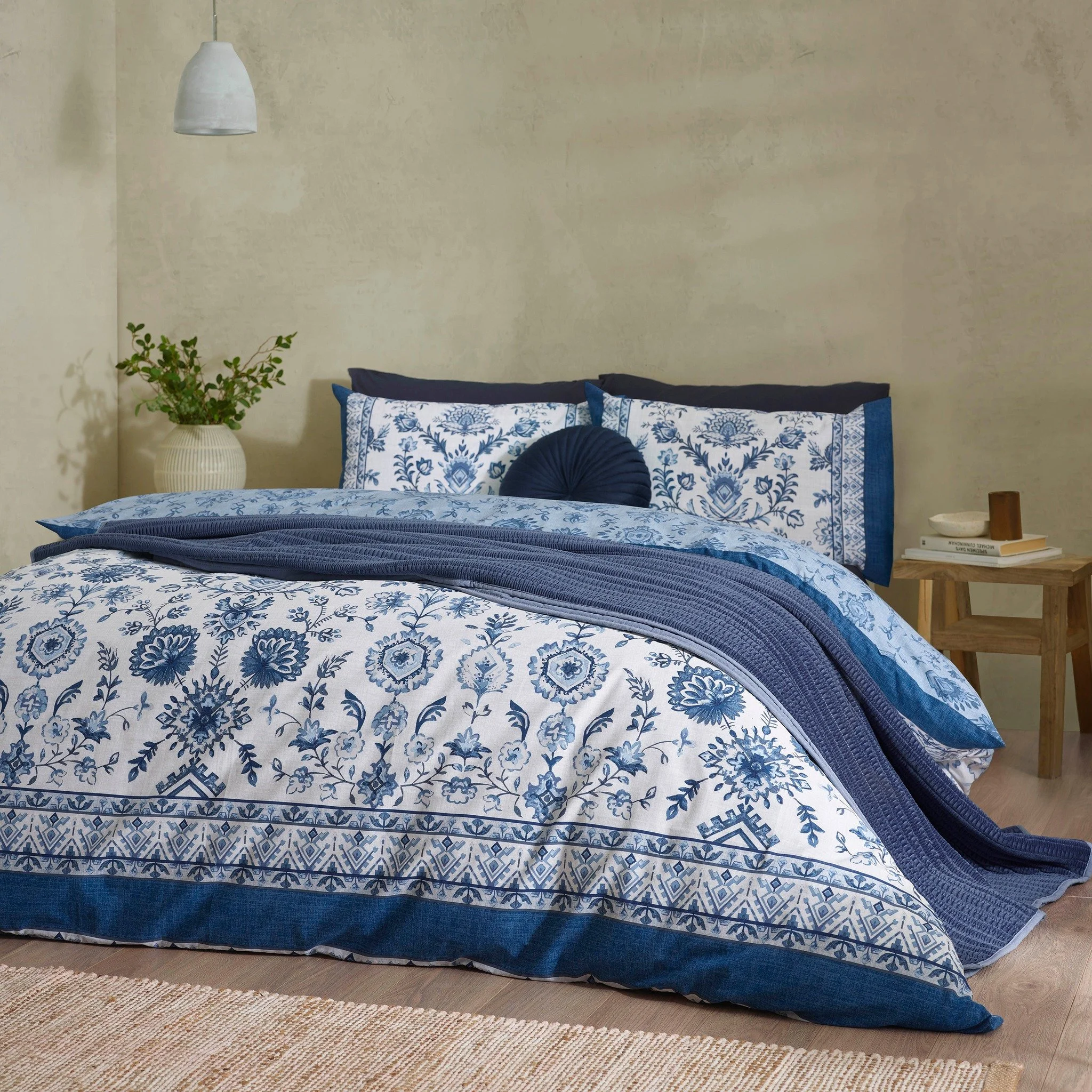Layer your space with wanderlust-inspired charm 🌿✨ 
This intricate blue and white print blends floral motifs with global patterns for an effortlessly relaxed vibe. Perfect for creating a bedroom that feels collected, cosy, and full of character. 

#